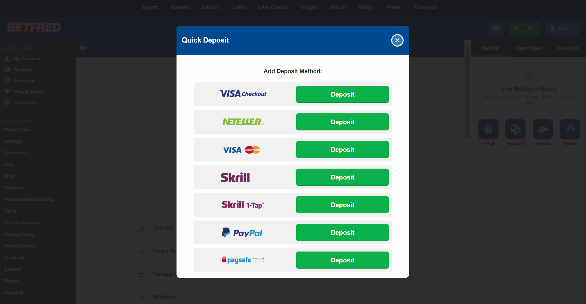 Betfred free bet offer - Deposit screen