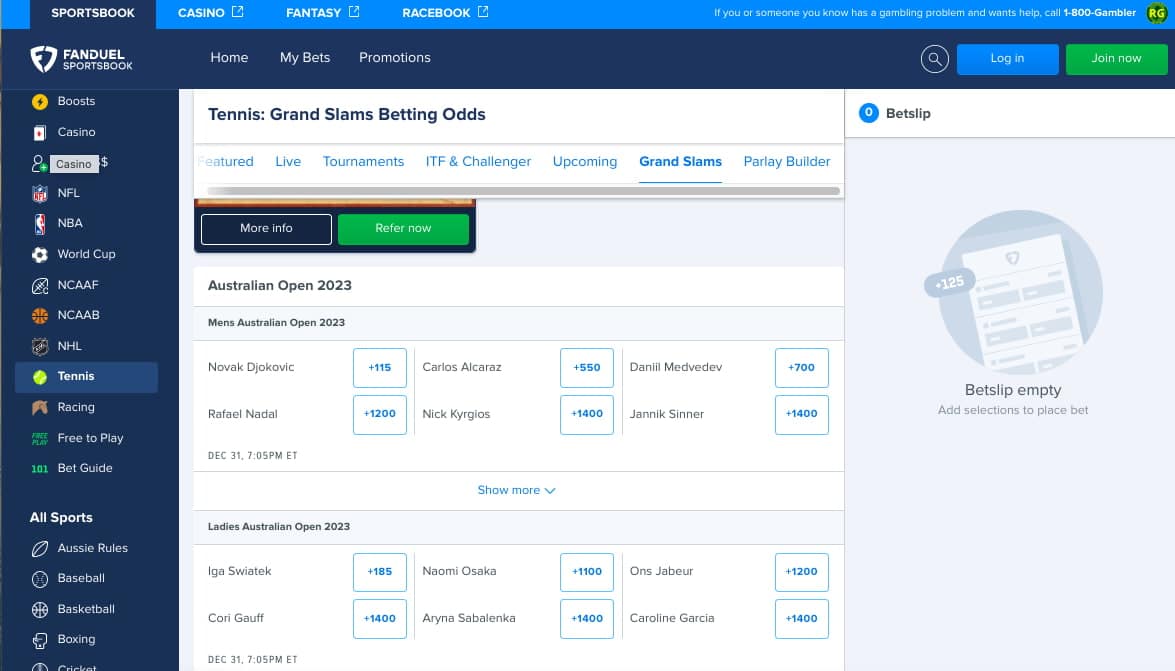 Australian Open tennis odds FanDuel