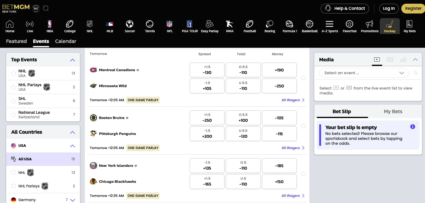 BetMGM NHL lobby