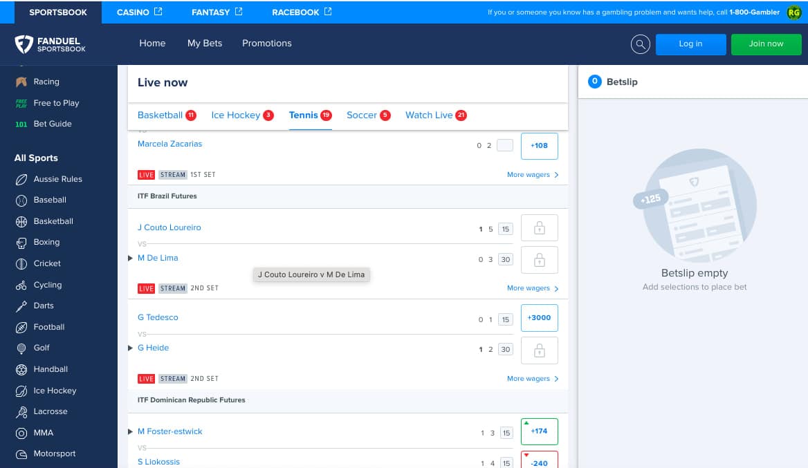 FanDuel live tennis betting markets