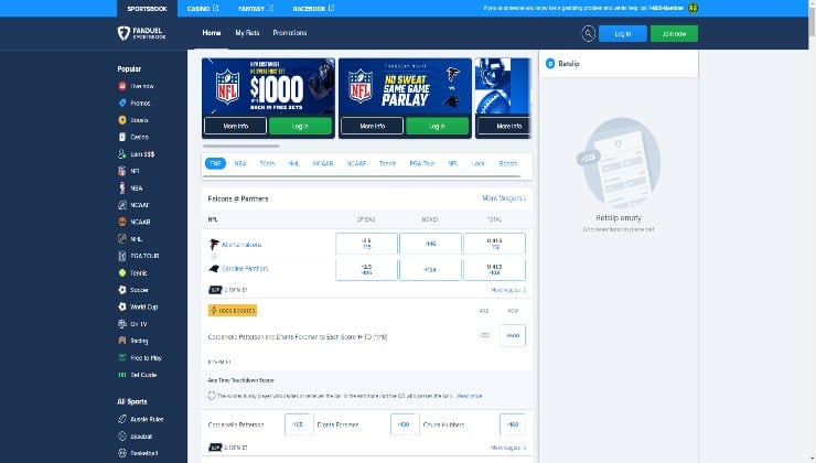 The FanDuel homepage of the sportsbook